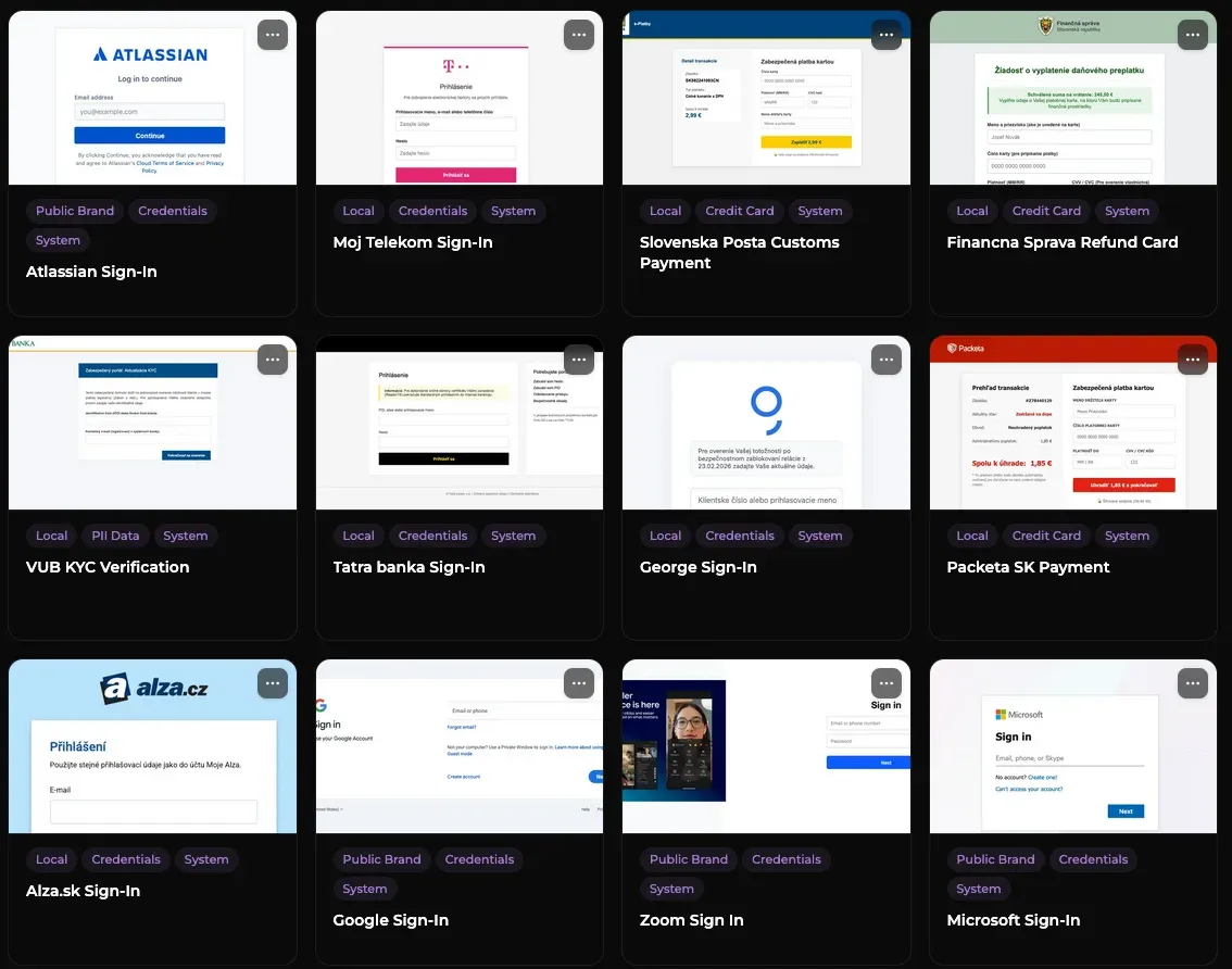 Knižnica šablón PhishGun: mriežka phishingových šablón vydávajúcich sa za Atlassian, Telekom, Slovenskú poštu, Finančnú správu, VÚB, Tatra banku, Alzu, Google, Zoom a Microsoft, každá označená podľa zámeru
